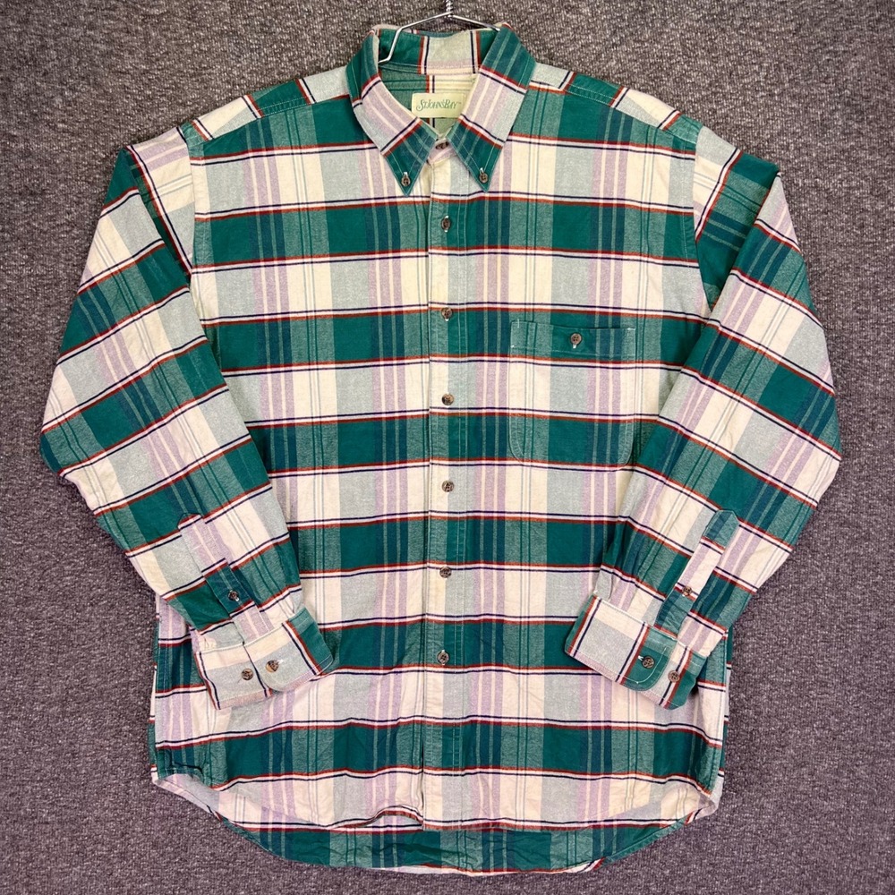 St Johns Bay Button Down Shirt Mens L Green Plaid Lightweight Long Sleeve Retro